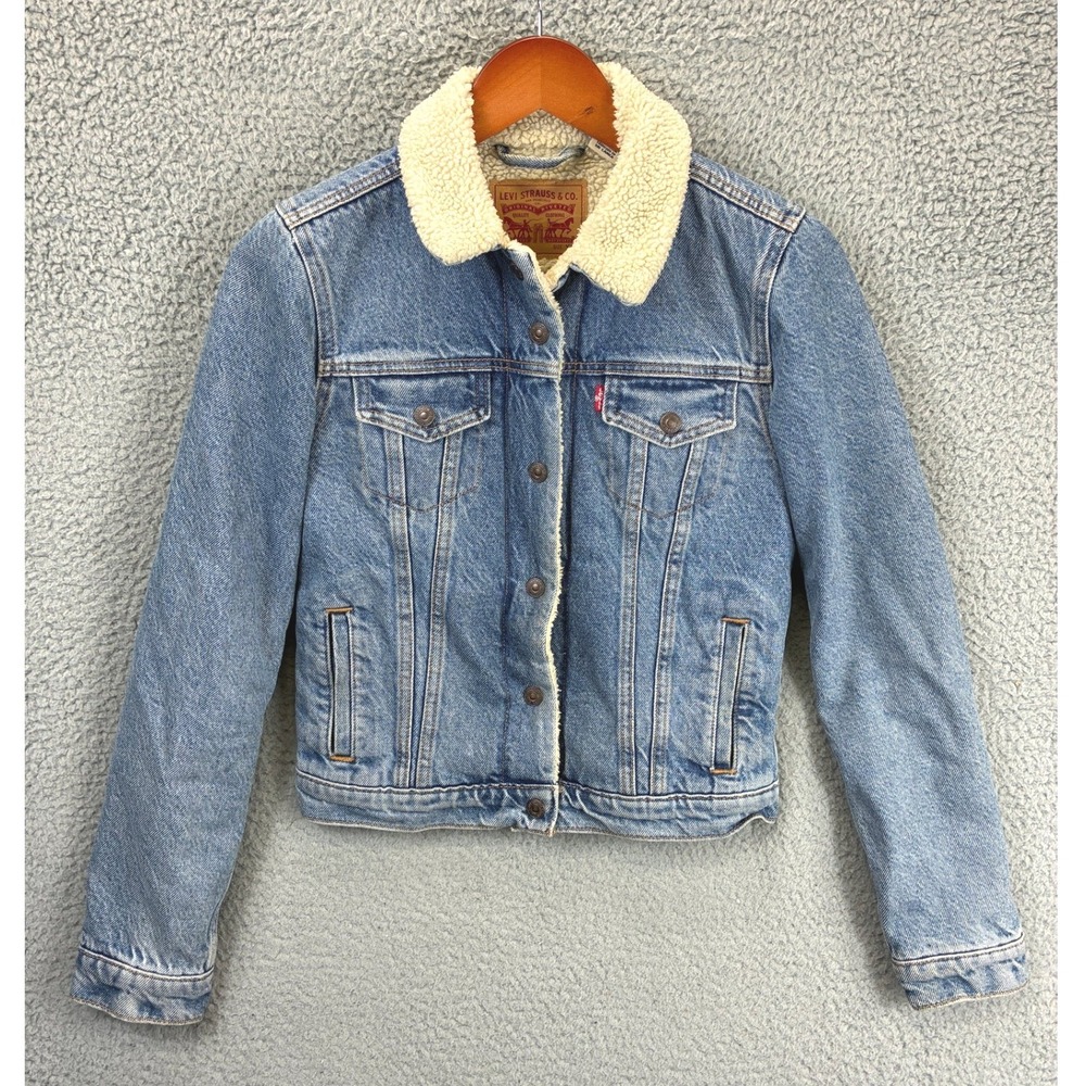 Levis Sherpa Lined Trucker Jacket Womens XS Blue Denim Winter Warm Western